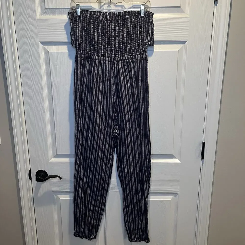 Aerie Jumpsuit Medium Blue/White Strapless Jogger Style 100% Cotton Pockets - Picture 3 of 7